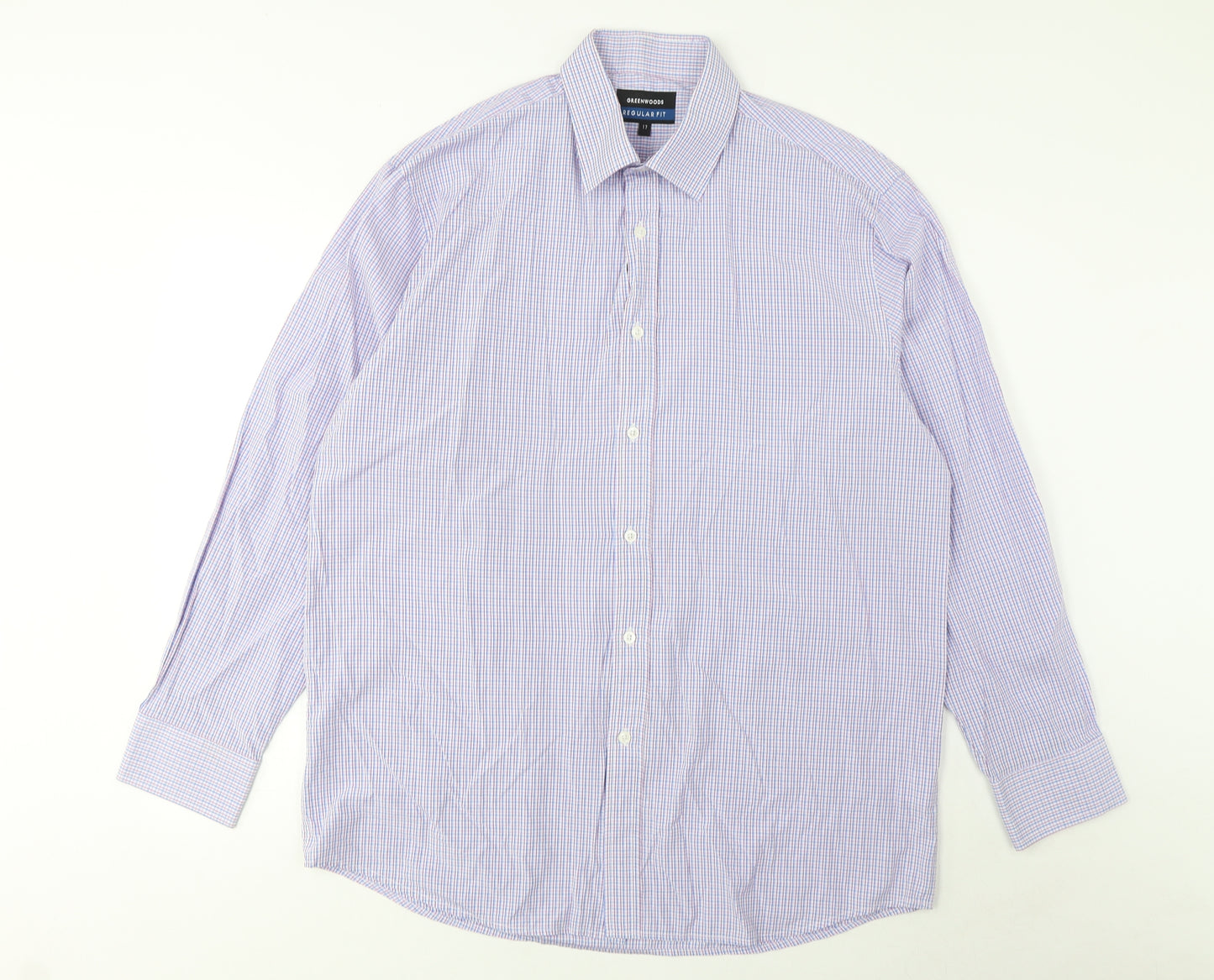 Greenwoods Mens Multicoloured Plaid Cotton Button-Up Size 17 Collared Button
