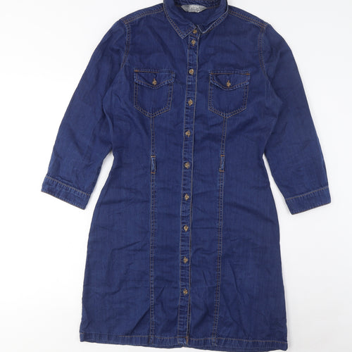 Dorothy Perkins Womens Blue Cotton Shirt Dress Size 10 Collared Button - Pockets