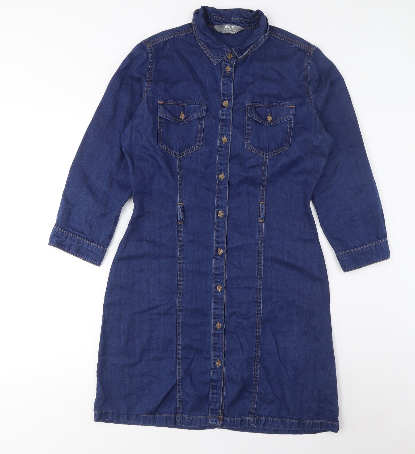 Dorothy Perkins Womens Blue Cotton Shirt Dress Size 10 Collared Button - Pockets