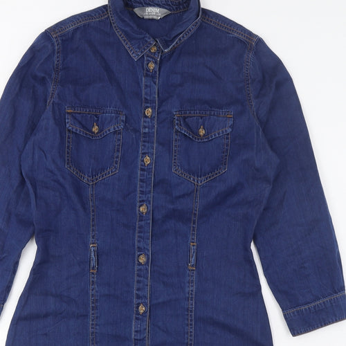 Dorothy Perkins Womens Blue Cotton Shirt Dress Size 10 Collared Button - Pockets