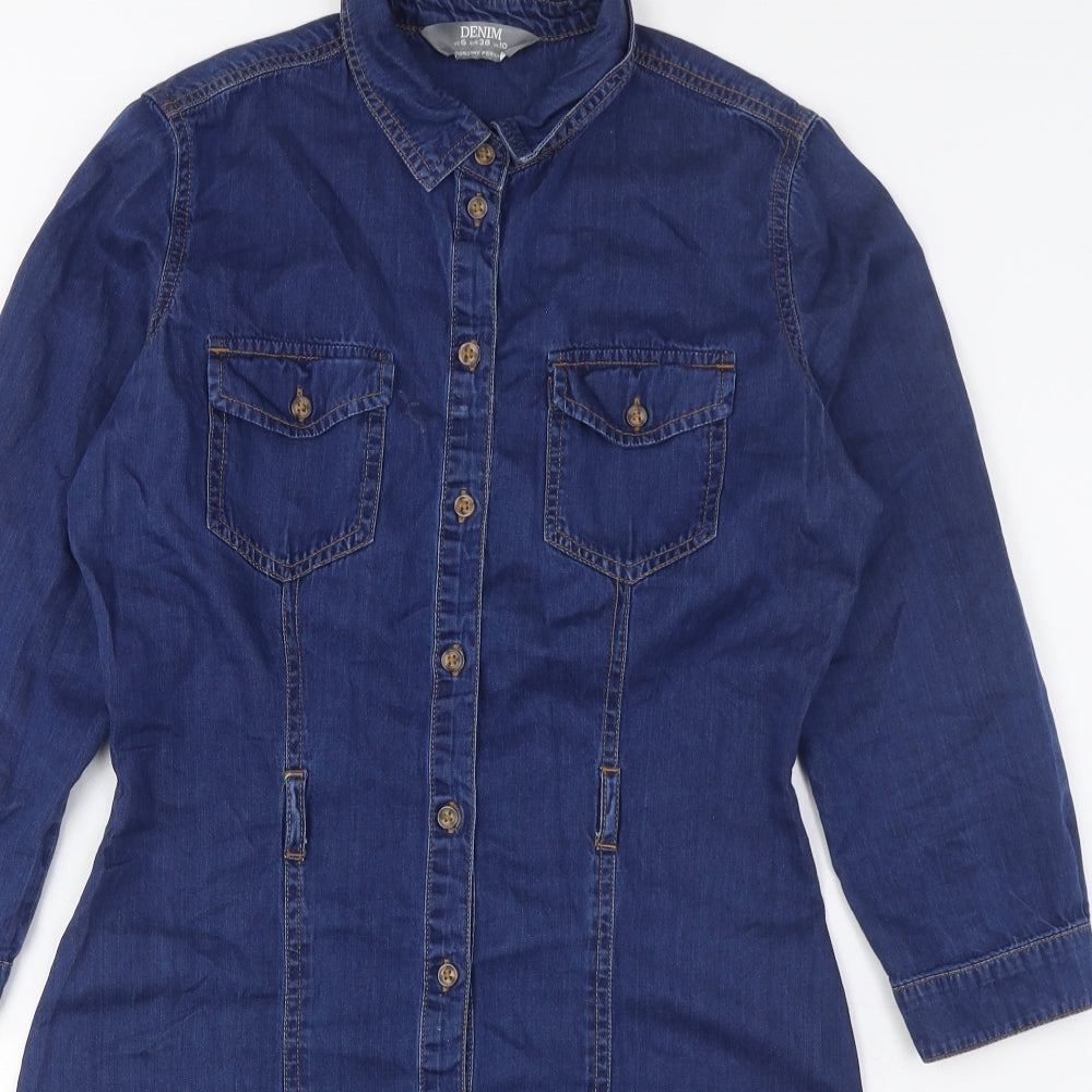 Dorothy Perkins Womens Blue Cotton Shirt Dress Size 10 Collared Button - Pockets