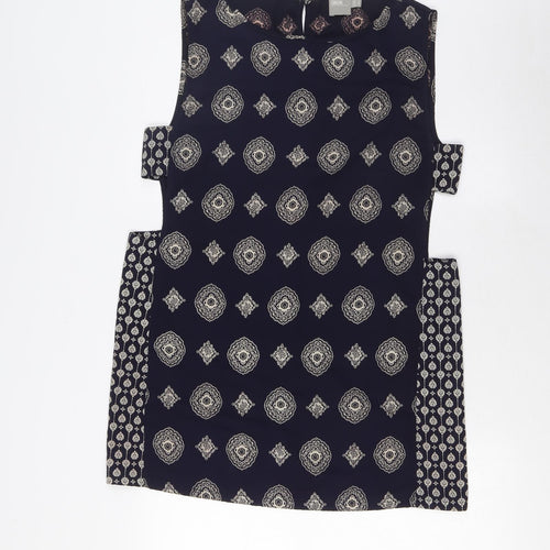 ASOS Womens Blue Geometric Polyester A-Line Size 12 Boat Neck Button - Open Sides