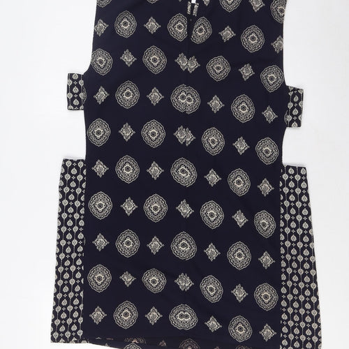 ASOS Womens Blue Geometric Polyester A-Line Size 12 Boat Neck Button - Open Sides