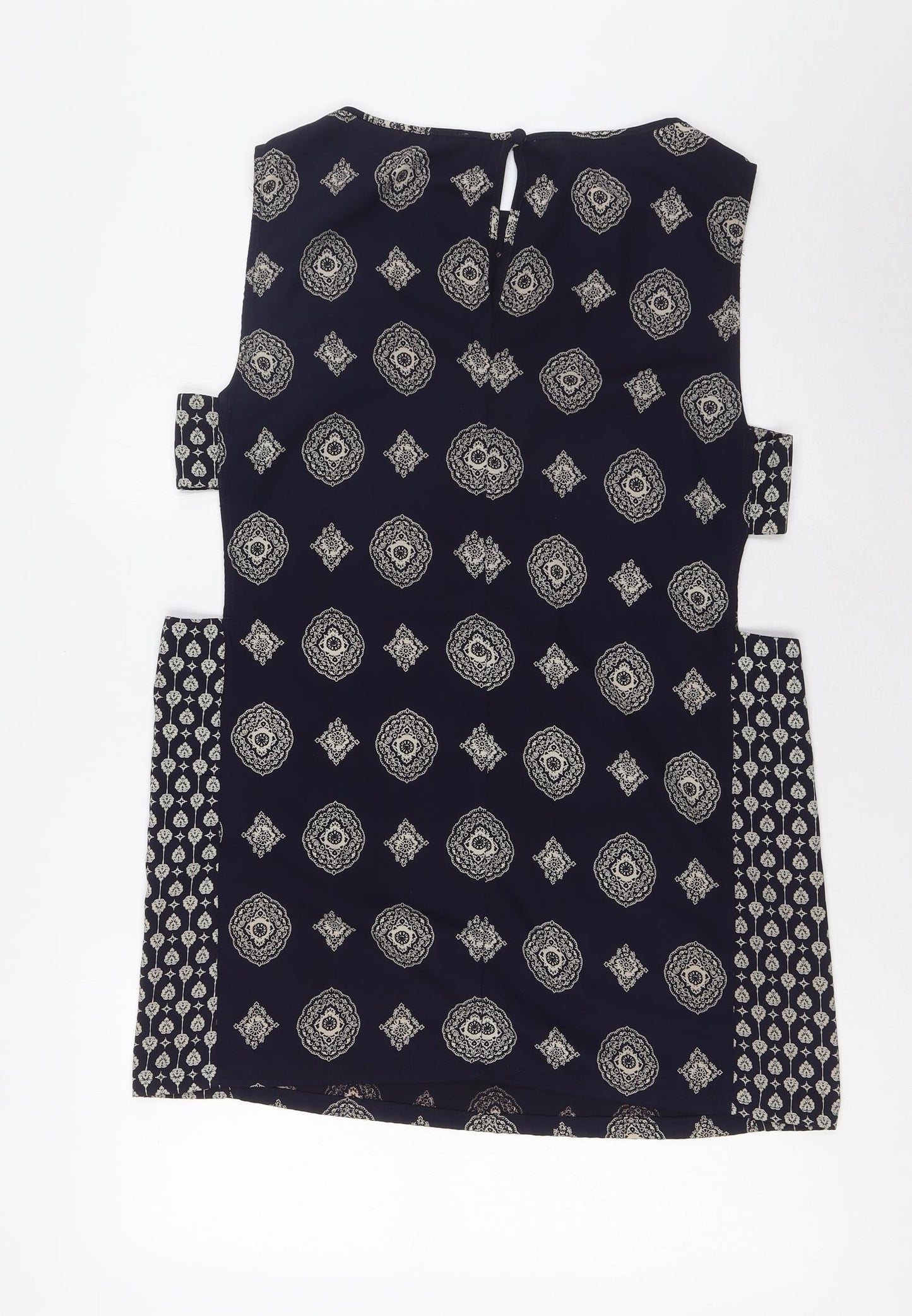 ASOS Womens Blue Geometric Polyester A-Line Size 12 Boat Neck Button - Open Sides
