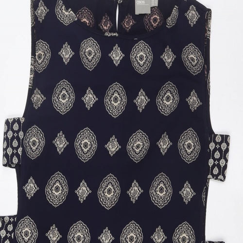 ASOS Womens Blue Geometric Polyester A-Line Size 12 Boat Neck Button - Open Sides