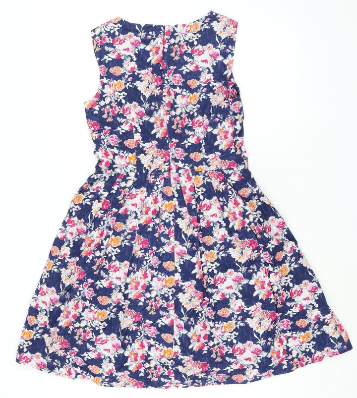 Yumi Womens Blue Floral 100% Cotton A-Line Size 8 Boat Neck Zip