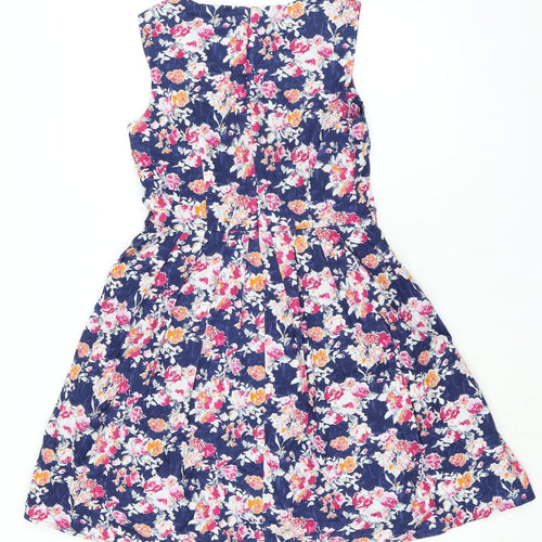 Yumi Womens Blue Floral 100% Cotton A-Line Size 8 Boat Neck Zip