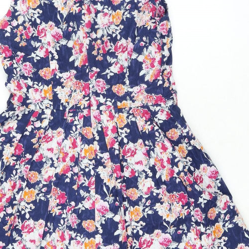 Yumi Womens Blue Floral 100% Cotton A-Line Size 8 Boat Neck Zip