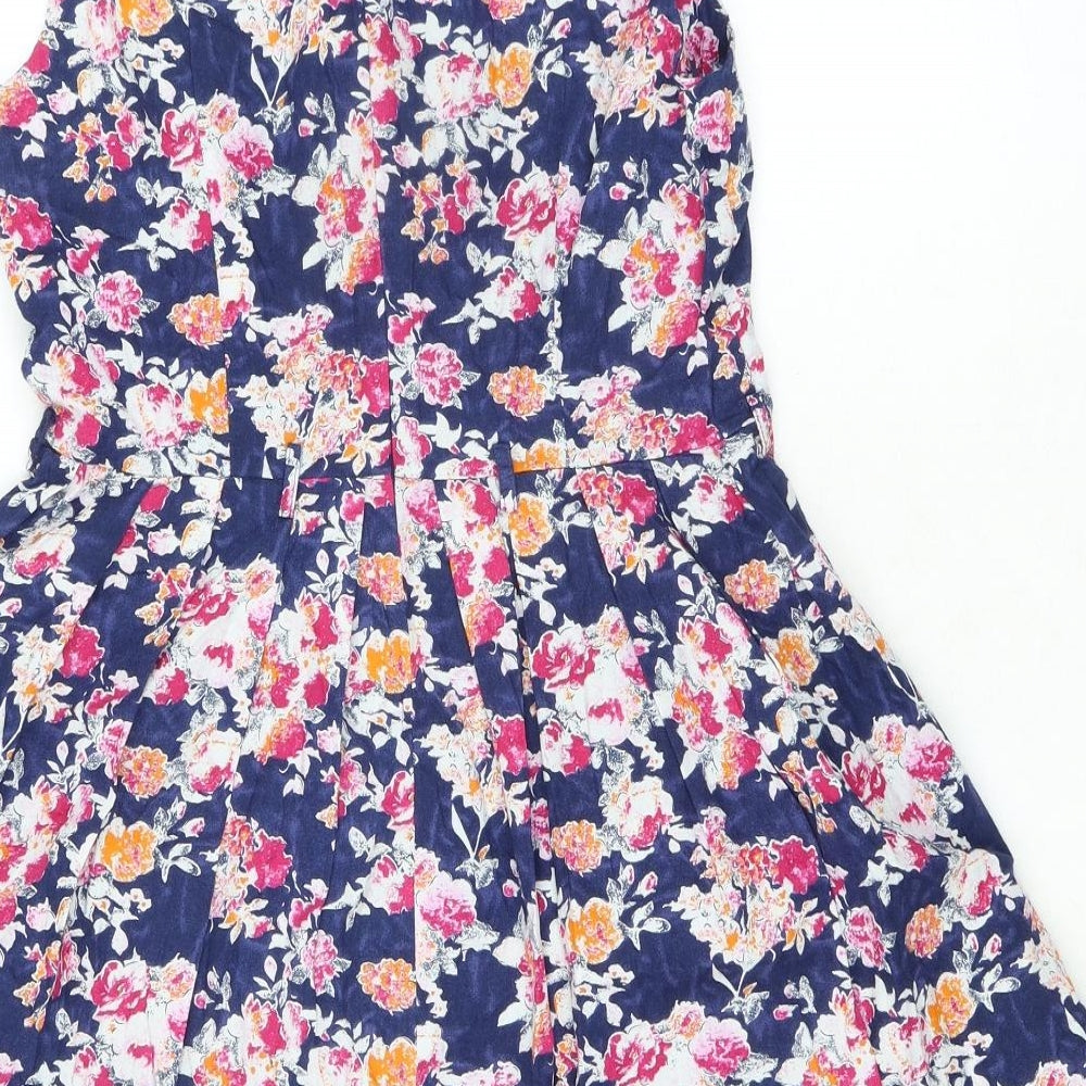 Yumi Womens Blue Floral 100% Cotton A-Line Size 8 Boat Neck Zip