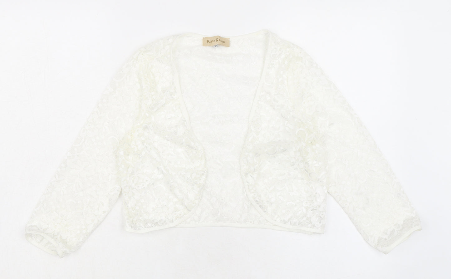 Kate Kasin Womens Ivory V-Neck Polyamide Shrug Jumper Size M - Lace Effect