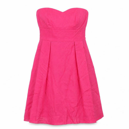 Front view of Monsoon women’s pink silk a-line, size UK 12, off the shoulder zip - formal