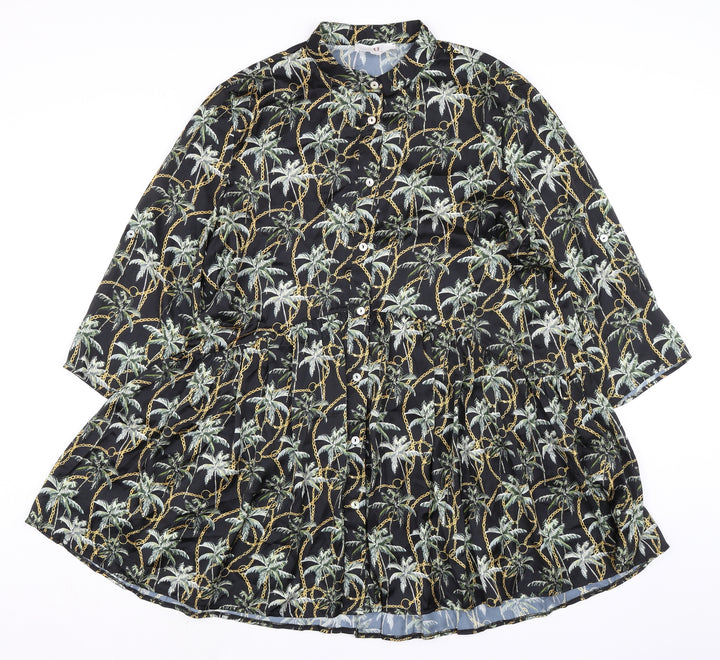 Forever Unique Womens Black Polyester A-Line Size 12 Mock Neck Button - Palm Trees