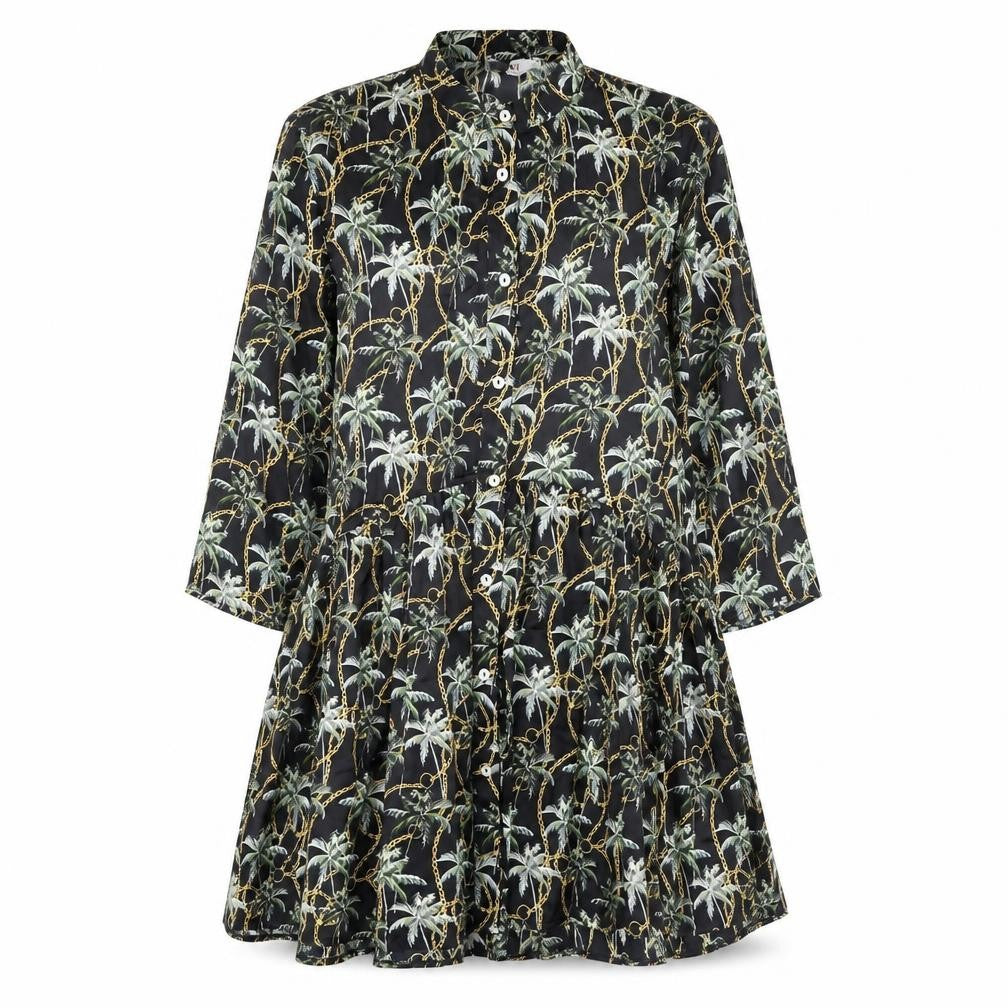 Front view of Forever Unique women’s black polyester a-line, size UK 12, mock neck button - palm trees