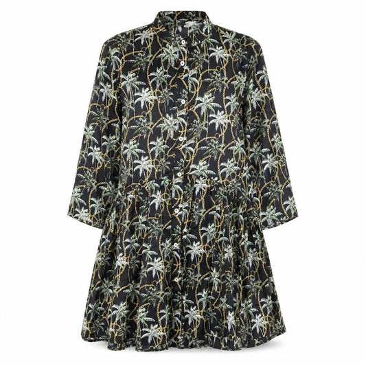 Front view of Forever Unique women’s black polyester a-line, size UK 12, mock neck button - palm trees