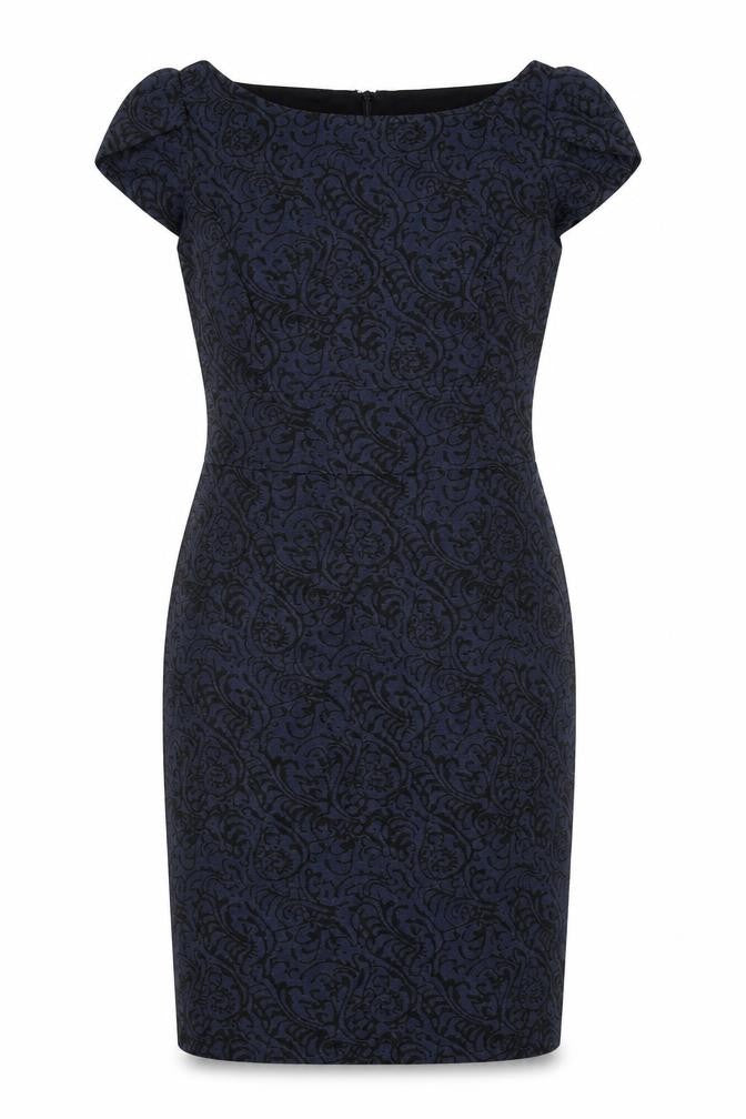 Front view of Per Una women’s blue acrylic pencil dress, size UK 12, collared zip