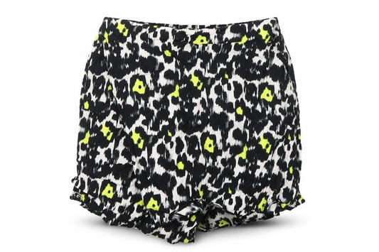 Front view of Dorothy Perkins women’s black animal print viscose skort skirt, size UK 10, - wrap around effect