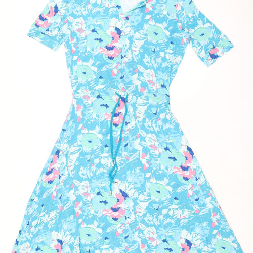 Patra Womens Blue Floral Viscose Fit & Flare Size M Sweetheart - Pull Cord Waist