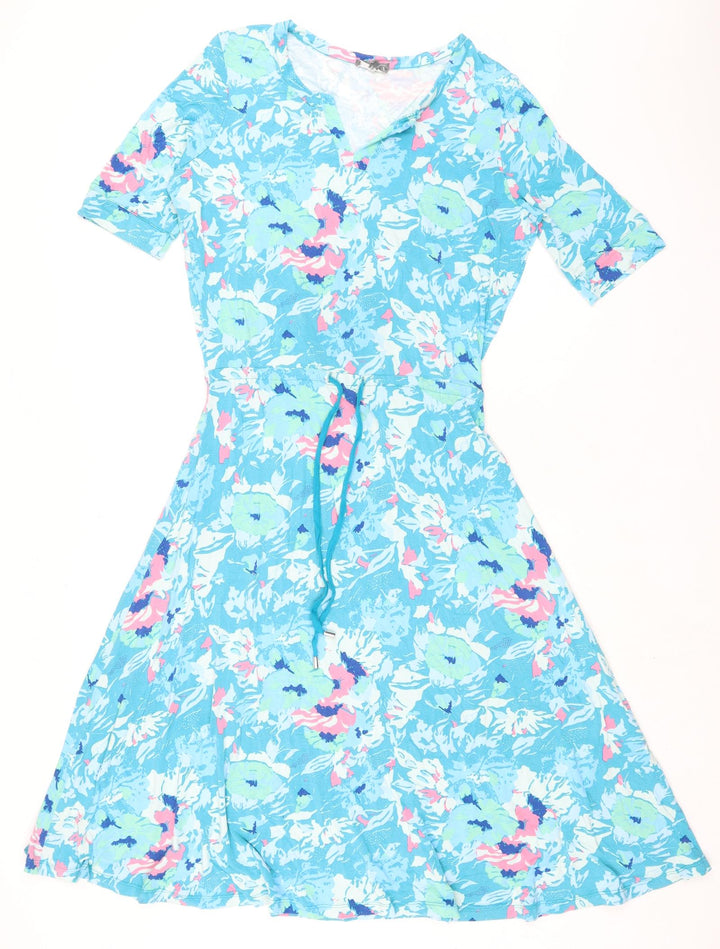 Patra Womens Blue Floral Viscose Fit & Flare Size M Sweetheart - Pull Cord Waist