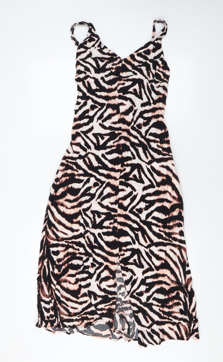 Marks and Spencer Womens Brown Animal Print Viscose A-Line Size 10 V-Neck Tie - Zebra Print