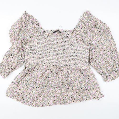Marks and Spencer Womens Multicoloured Floral Cotton Basic Blouse Size 14 Square Neck