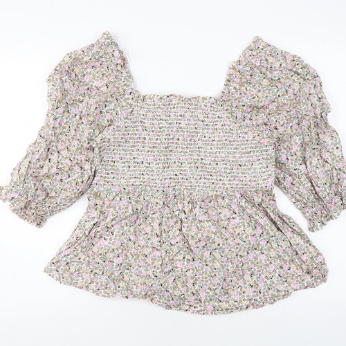 Marks and Spencer Womens Multicoloured Floral Cotton Basic Blouse Size 14 Square Neck