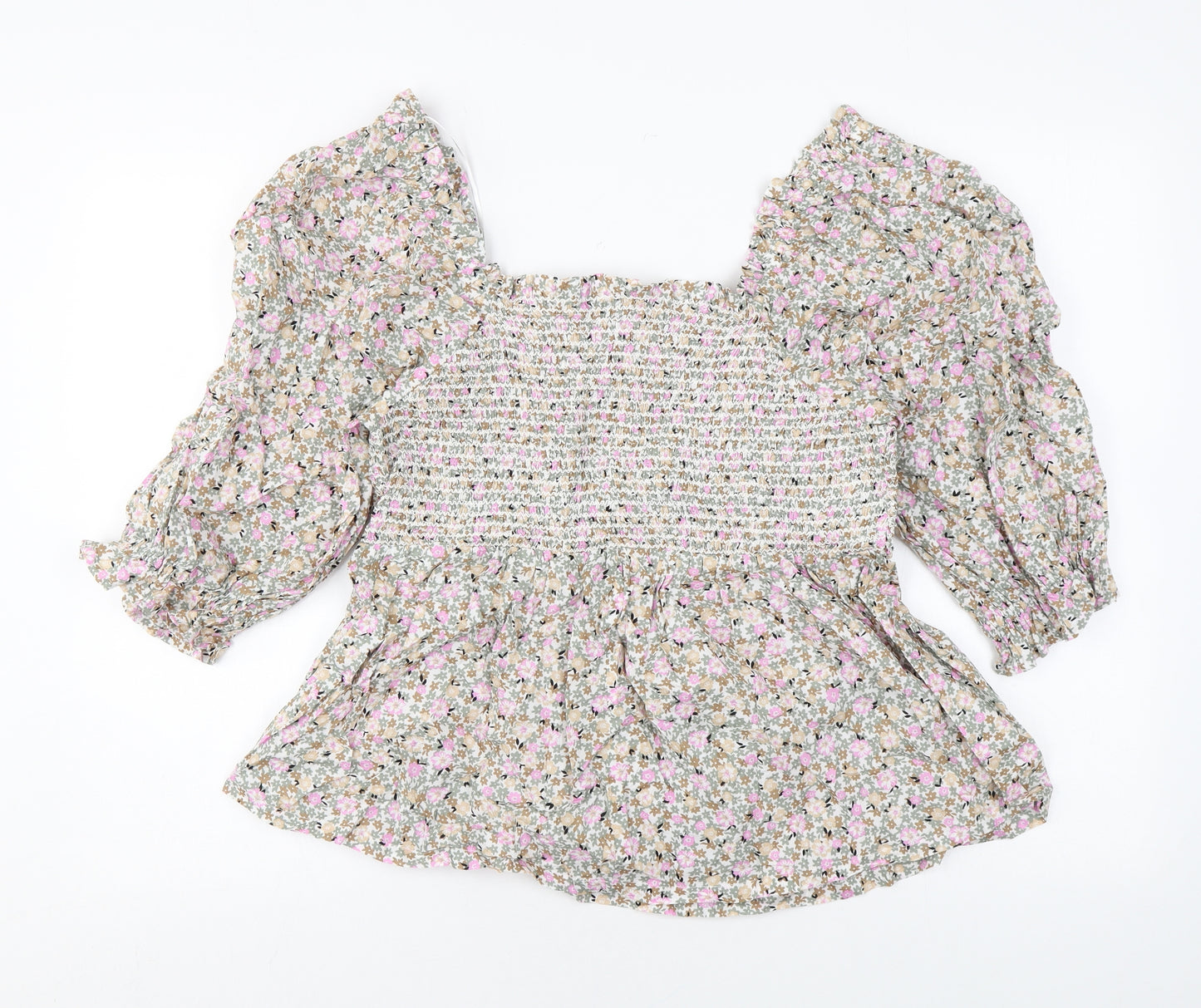 Marks and Spencer Womens Multicoloured Floral Cotton Basic Blouse Size 14 Square Neck