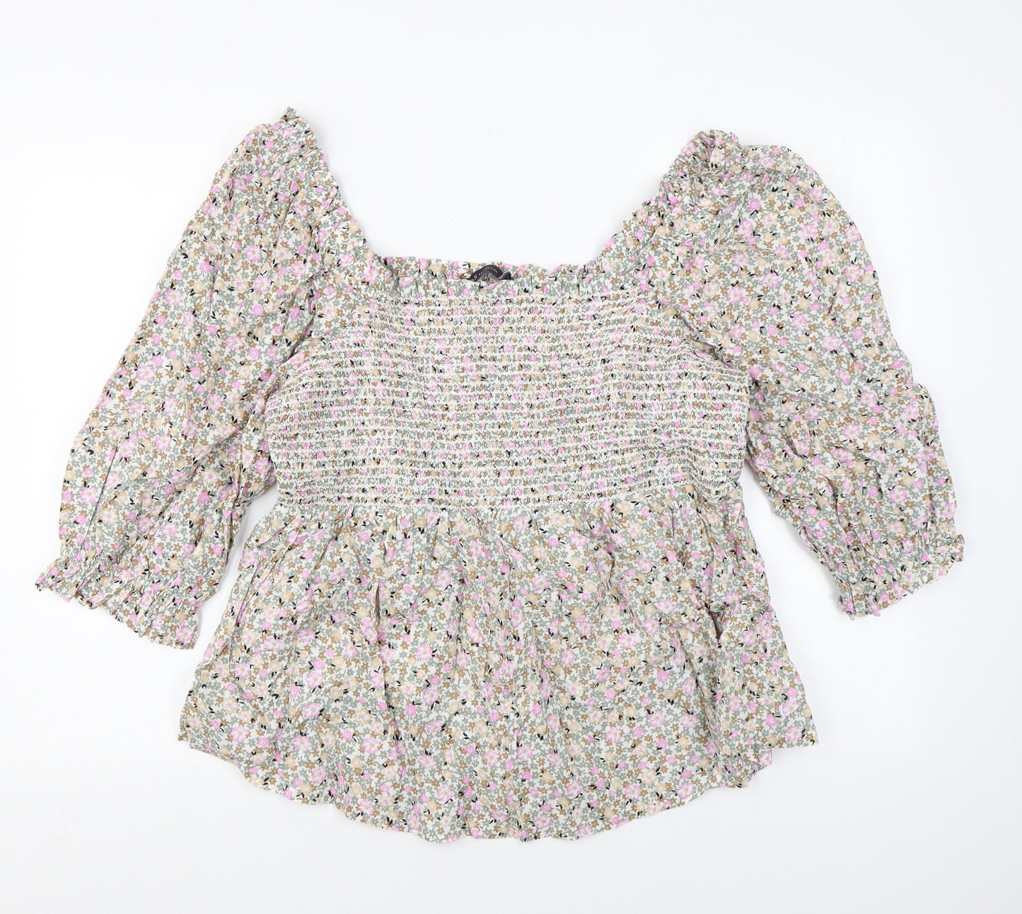 Marks and Spencer Womens Multicoloured Floral Cotton Basic Blouse Size 16 Square Neck