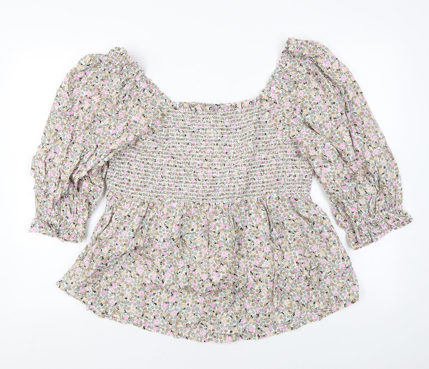 Marks and Spencer Womens Multicoloured Floral Cotton Basic Blouse Size 16 Square Neck