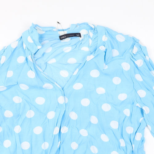 Marks and Spencer Womens Blue Polka Dot Viscose Basic Blouse Size 14 V-Neck