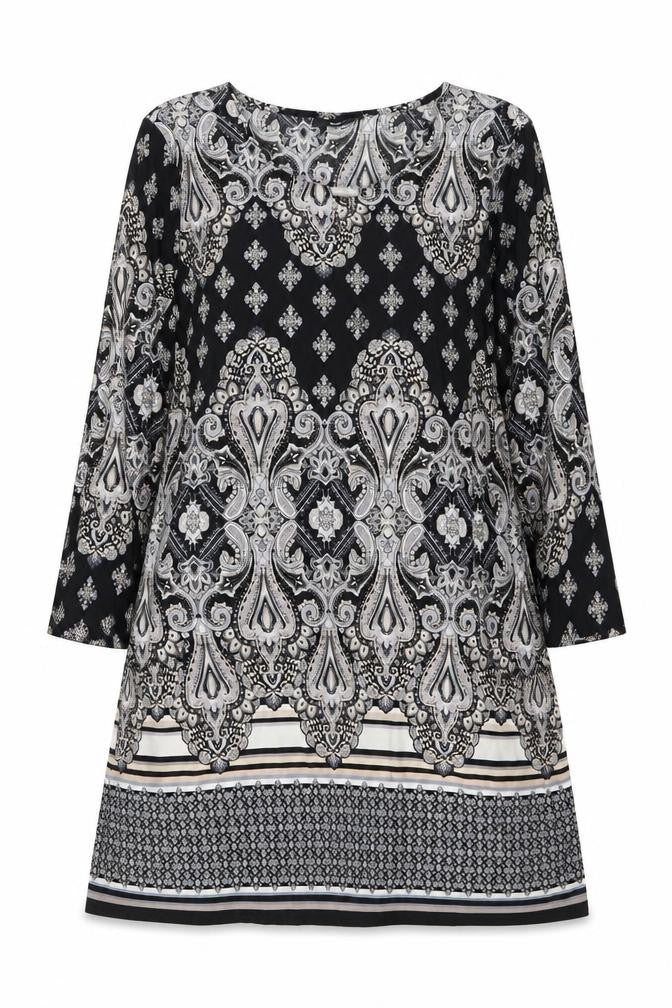 Front view of Wallis women’s black paisley polyester a-line, size M, round neck pullover