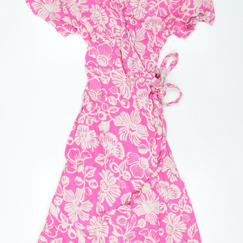 Marks and Spencer Womens Pink Floral Viscose Wrap Dress Size 14 V-Neck Tie