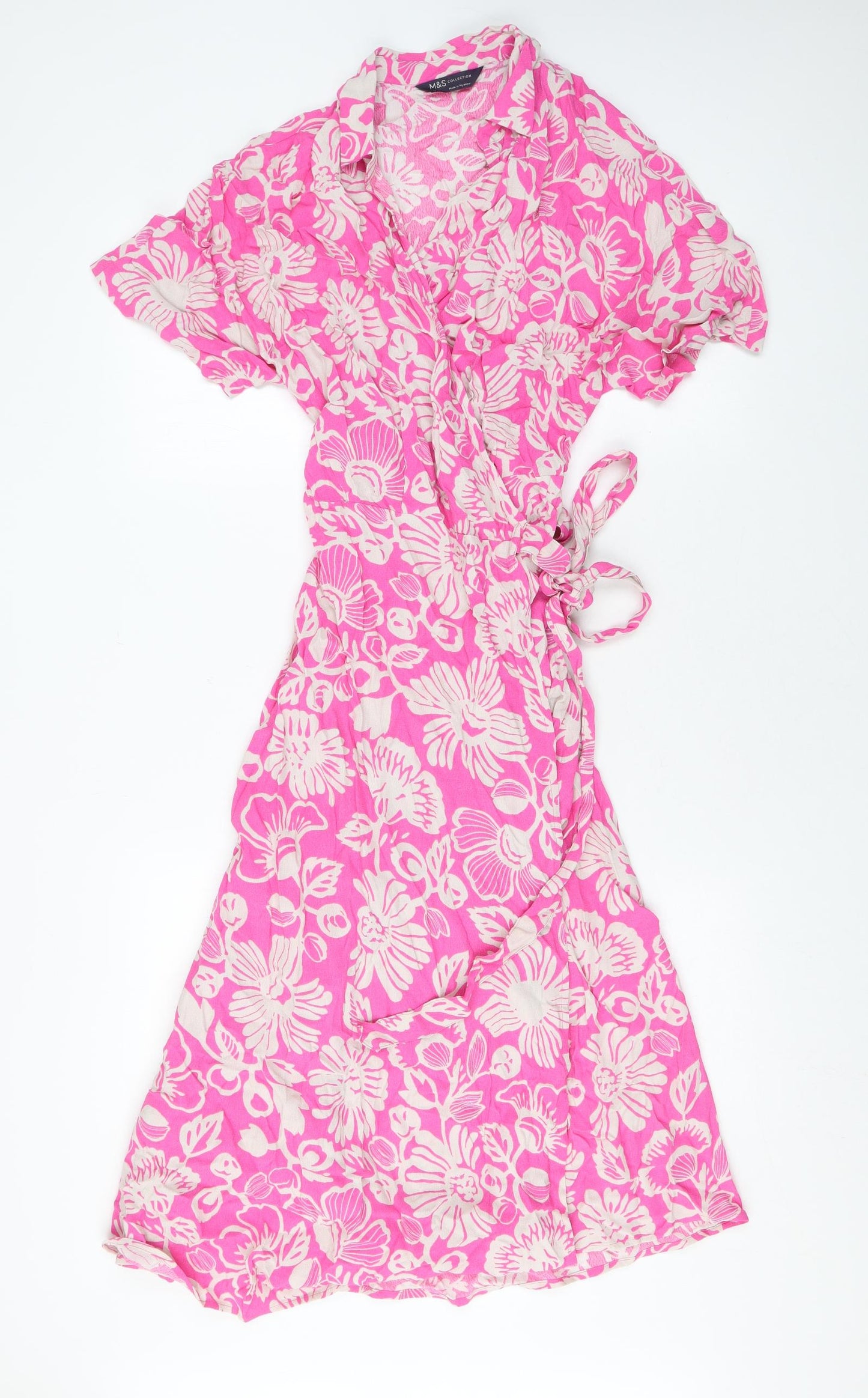Marks and Spencer Womens Pink Floral Viscose Wrap Dress Size 14 V-Neck Tie