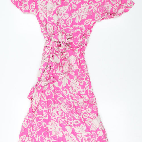 Marks and Spencer Womens Pink Floral Viscose Wrap Dress Size 14 V-Neck Tie