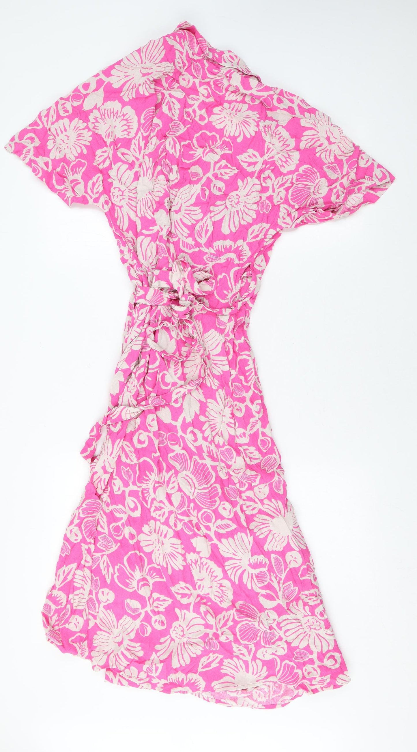 Marks and Spencer Womens Pink Floral Viscose Wrap Dress Size 14 V-Neck Tie