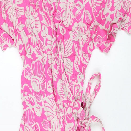 Marks and Spencer Womens Pink Floral Viscose Wrap Dress Size 14 V-Neck Tie