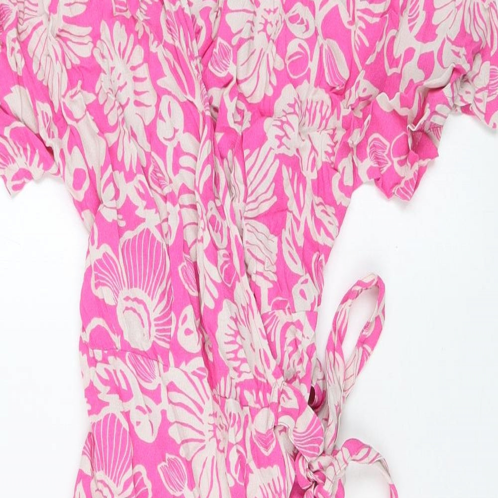 Marks and Spencer Womens Pink Floral Viscose Wrap Dress Size 14 V-Neck Tie