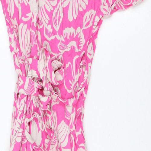 Marks and Spencer Womens Pink Floral Viscose Wrap Dress Size 14 V-Neck Tie