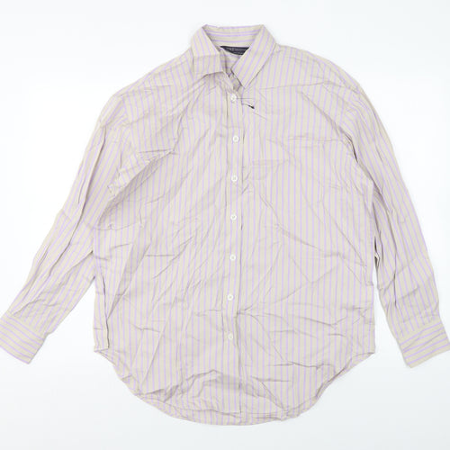 Marks and Spencer Womens Grey Striped Cotton Basic Button-Up Size 10 Collared