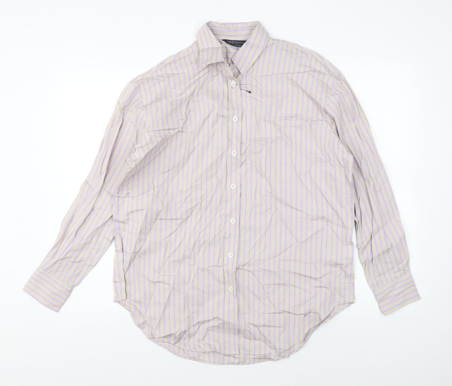 Marks and Spencer Womens Grey Striped Cotton Basic Button-Up Size 10 Collared