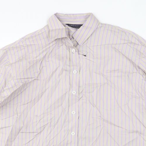 Marks and Spencer Womens Grey Striped Cotton Basic Button-Up Size 10 Collared