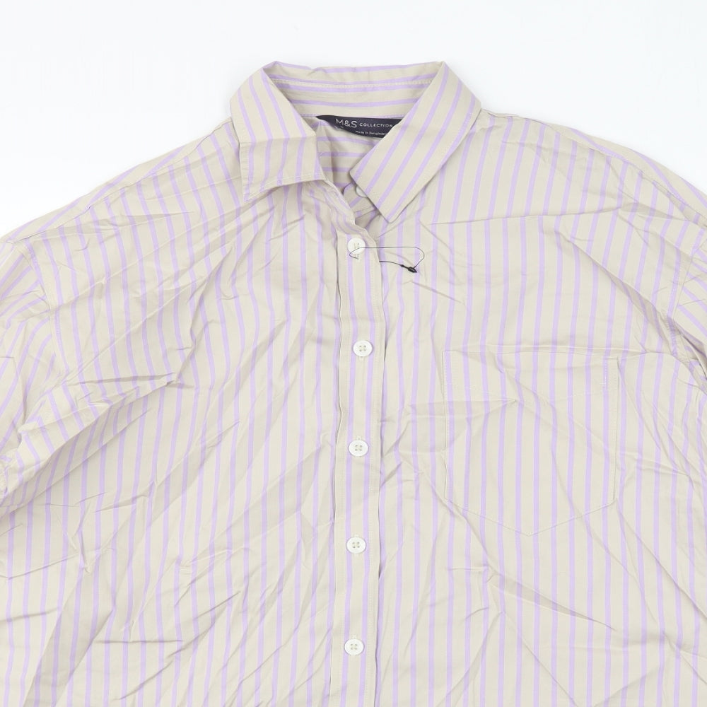 Marks and Spencer Womens Grey Striped Cotton Basic Button-Up Size 10 Collared