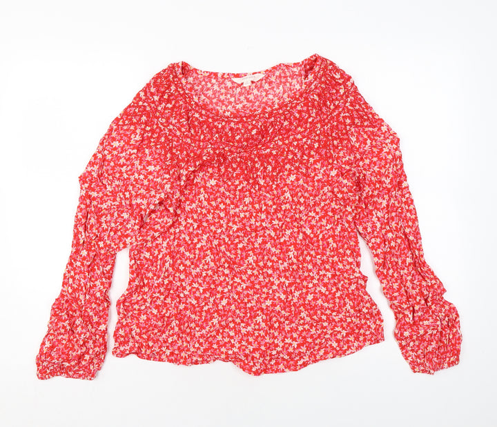 Marks and Spencer Womens Red Floral Viscose Basic Blouse Size 8 Round Neck