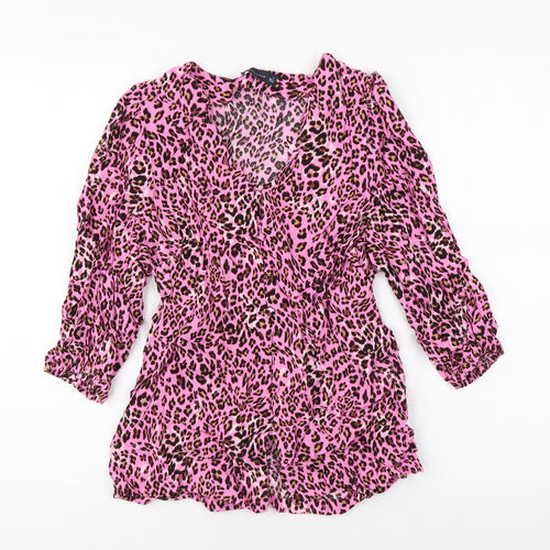 Marks and Spencer Womens Pink Animal Print Viscose Basic Button-Up Size 10 V-Neck