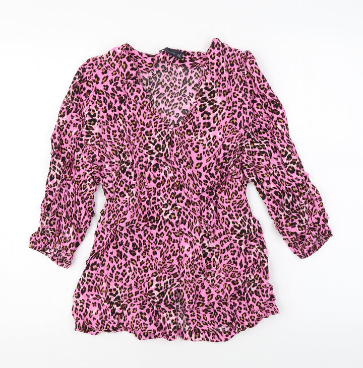 Marks and Spencer Womens Pink Animal Print Viscose Basic Button-Up Size 10 V-Neck