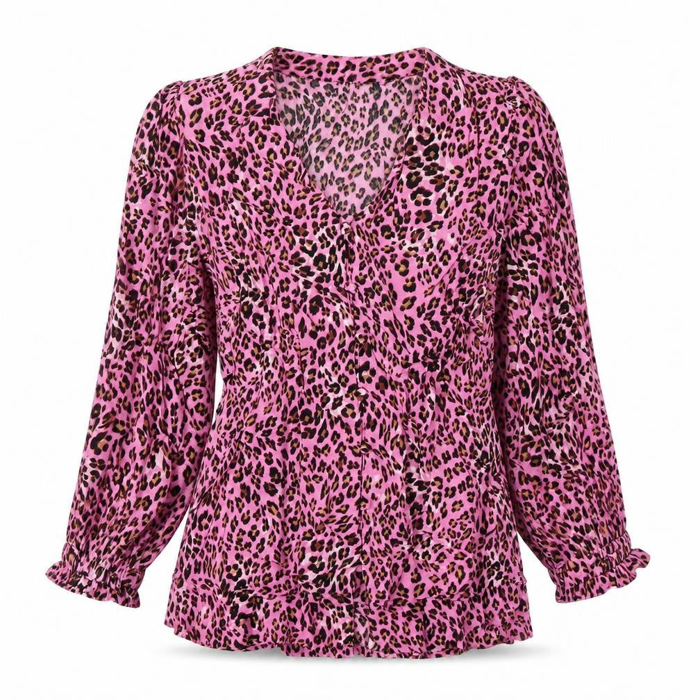 Front view of Marks & Spencer women’s pink animal print viscose basic button-up, size UK 10, v-neck