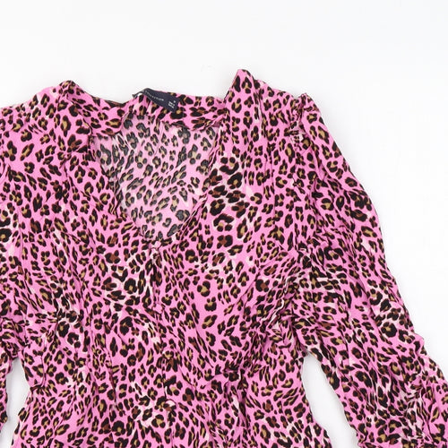 Marks and Spencer Womens Pink Animal Print Viscose Basic Button-Up Size 10 V-Neck