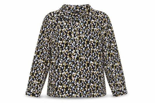 Front view of Marks & Spencer women’s black geometric polyester basic blouse, size UK 10, collared