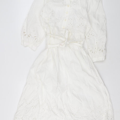 Marks and Spencer Womens White Floral Cotton A-Line Size 6 V-Neck Button