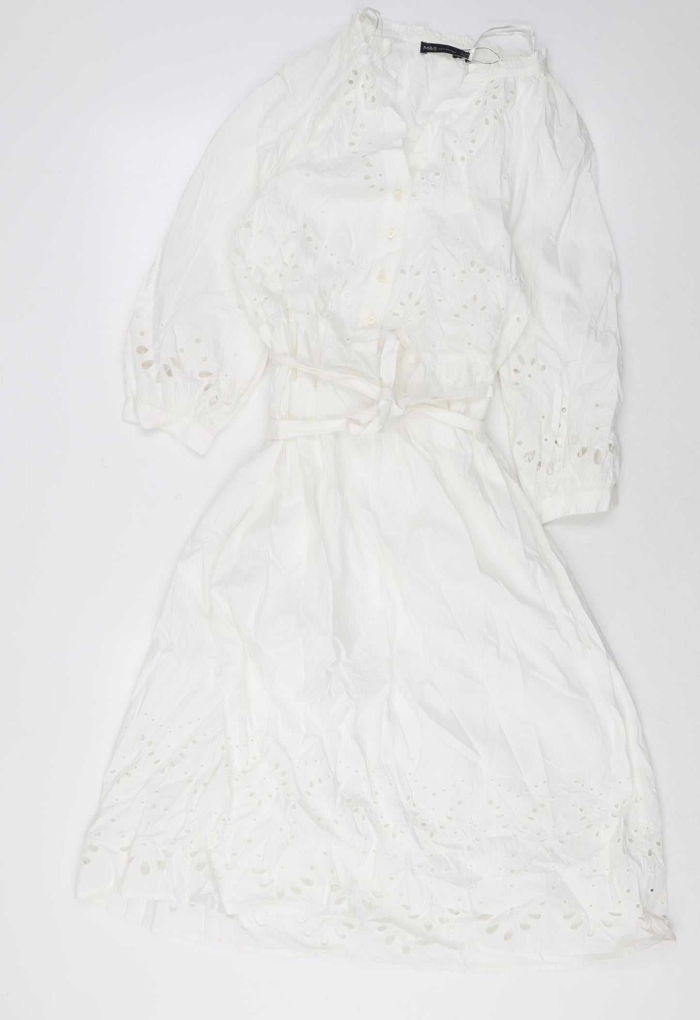 Marks and Spencer Womens White Floral Cotton A-Line Size 6 V-Neck Button