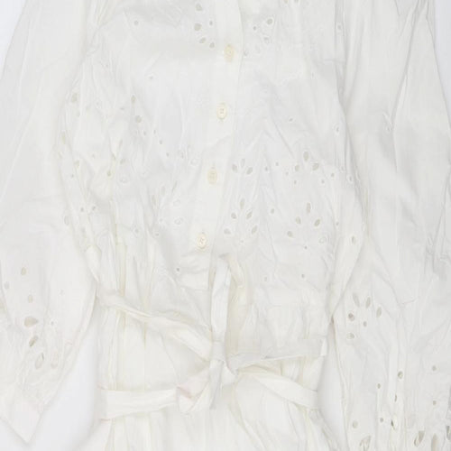 Marks and Spencer Womens White Floral Cotton A-Line Size 6 V-Neck Button